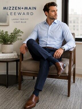 Mizzen+Main Leeward Blue Label Dress Shirt Large Trim Fit Light Blue Performance